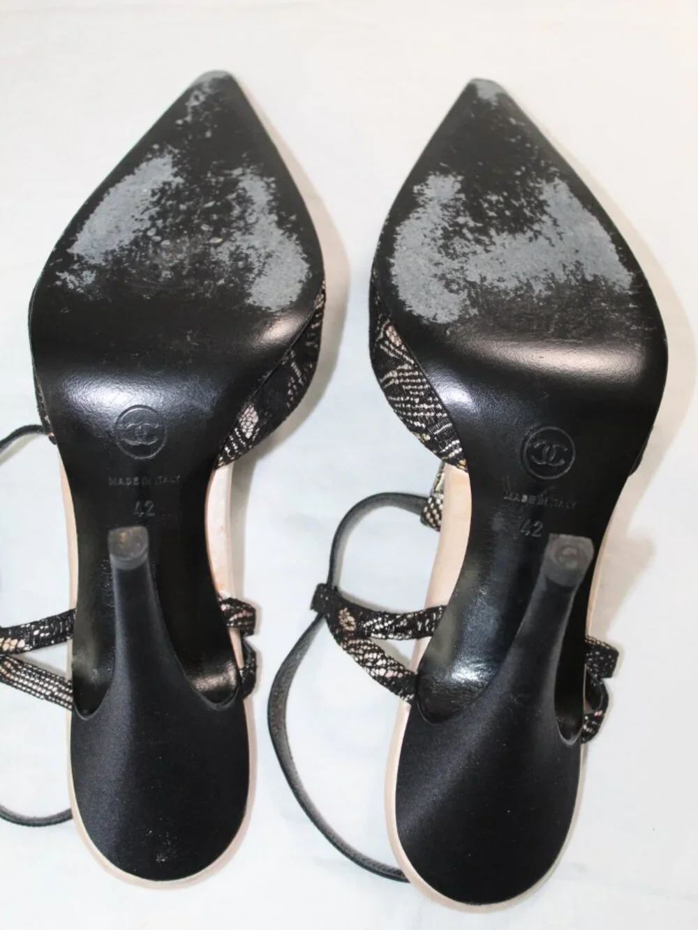 Chanel Black Lace Overlay Satin T-Strap Heels Pointed Toe Pumps 42